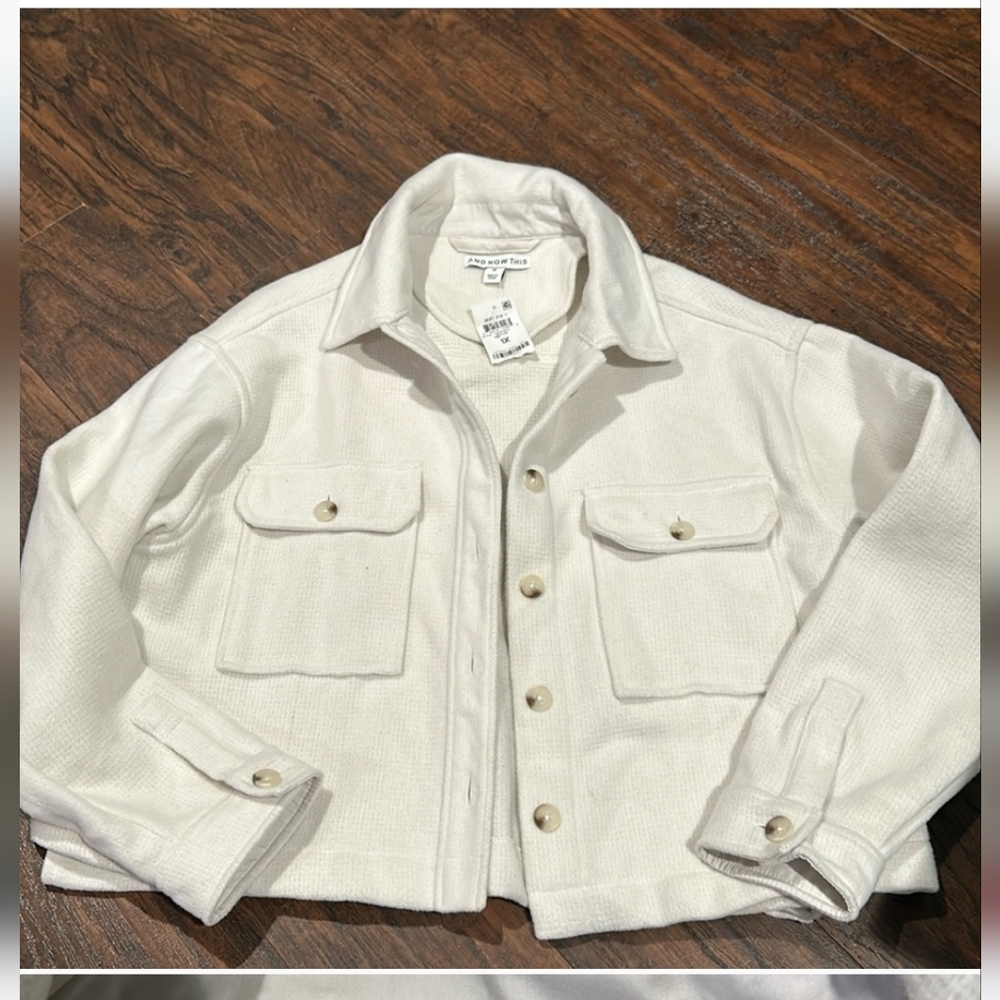 "AND NOW THIS" Cream Crop Waffle Texture Women's Trucker Jacket 1 X